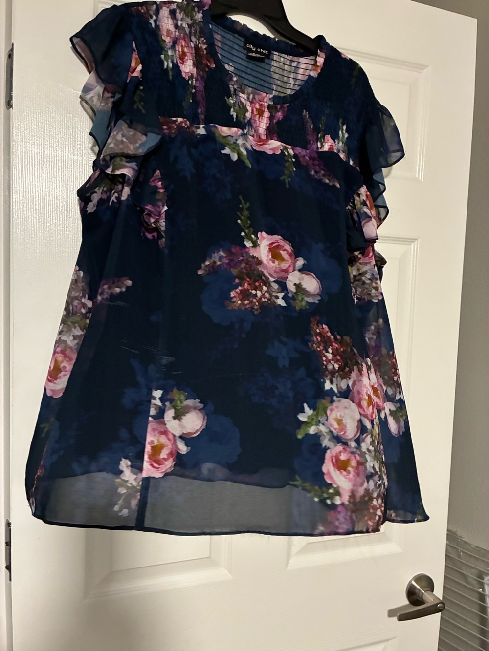 City Chic Navy Floral Smocked Ruffle Blouse